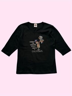 Y2K Easy Wear Funny Parrot Rhinestone Bedazzled Alcohol Black Momcore Medium